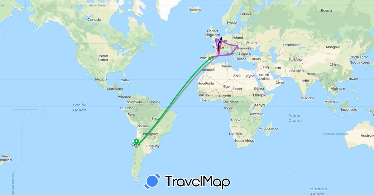 TravelMap itinerary: driving, bus, plane, train, hiking in Belgium, Chile, Germany, Spain, France, United Kingdom, Hungary, Italy, Netherlands (Europe, South America)